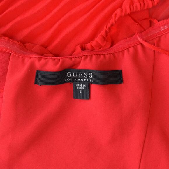 Guess Bright Red Micro Pleated Chiffon Off Shoulder Crop Top Blouse Size Large - Picture 4 of 7